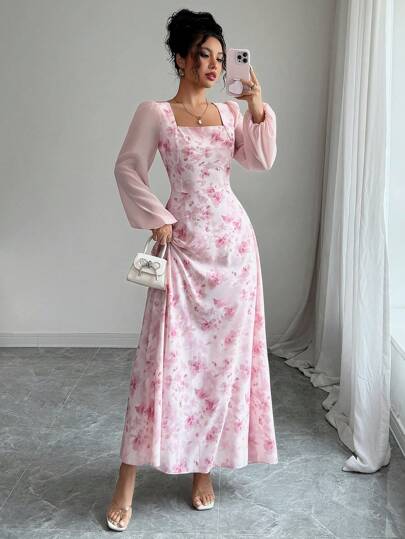 Modelyn Robe d'été élégante midi à manches longues et col carré imprimée pour femmes