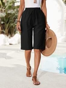 EMERY ROSE Women's Regular Linen Black Elastic Waist Casual Drawstring Shorts,Linen Pants