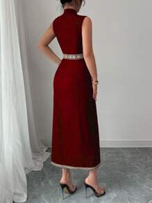 Chiquease Elegant Fashion Mandarin Collar Sleeveless Floral Embroidery Patchwork Cinched Waist Dress, Versatile For Daily Wear - Red - View 2