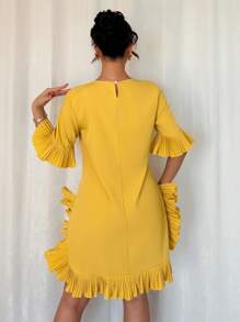 SHEIN Clasi Casual Unique Pleated Women Short Sleeve Dress - Yellow - View 3