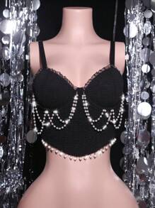 Spicy Aura Conjunto de Sutiã Sexy com Decoração de Pérolas Artificiais Moda Feminina - Preto - Visão 6