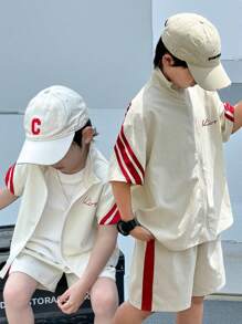 SHEIN 2pcs Kids Tween Boys Casual Versatile Comfortable Letter Print Contrast Color Block Stand Collar Open Front Loose Short Sleeve Top And Solid Color Woven Shorts 2-Piece Set, Suitable For School, Garden, Beach, Birthday, Spring, Summer, Fall, Winter - White - View 1