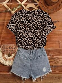 Easowa 女士休闲豹纹圆领短袖宽松T恤，适合夏季穿着，豹纹印花，休闲百搭。 - 彩色 - 查看 2