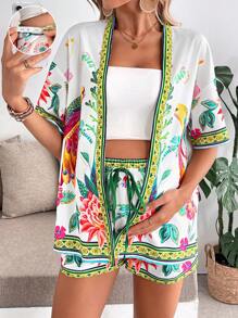 SHEIN 2 Pieces Set Maternity Vintage Style Peacock Floral Pattern Open Front Short Sleeve Top And Shorts Summer Outfits For Women - Multicolor - View 8