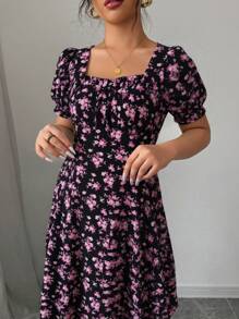 Rafferiza Women's Elegant Floral Print Square Neck Mini Dress, With Ruffle Trim And Ruffle Sleeves, Suitable For Spring, Summer And Autumn - Pink - View 6