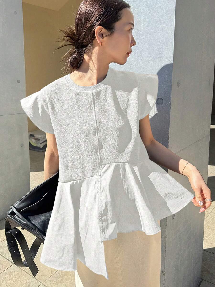 FRIFUL Women Ruffled Splice Loose Tank Top Cap Sleeve Casual Summer Solid Color T-Shirt - White - View 1
