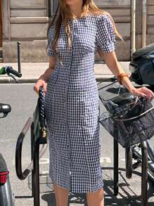 Pariaura 优雅休闲文艺宽松舒适开襟长裙，蓝白格子泡泡袖纹理亲肤透气，春夏连衣裙开衫 - 藍白色 - 查看 1