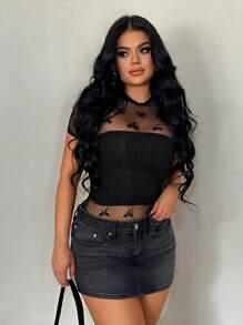 SHEIN SXY Bộ đồ liền thân tay ngắn bằng lưới jacquard chấm bi nơ mỏng gợi cảm cho nữ mùa hè - màu đen - Xem 3