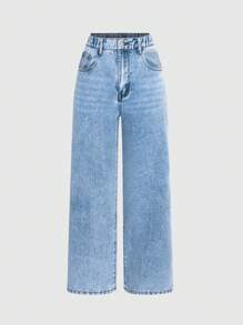 SHEIN Wildeya Tween-mädchen-jeans Aus Lässigem, Weitem Bein In Distressed-waschung