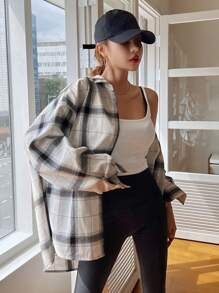 DAZY Plaid Drop Shoulder Shirt,Long Sleeve Tops,Fall Clothes,Back To School Clothes,Flannels Women - White - View 3
