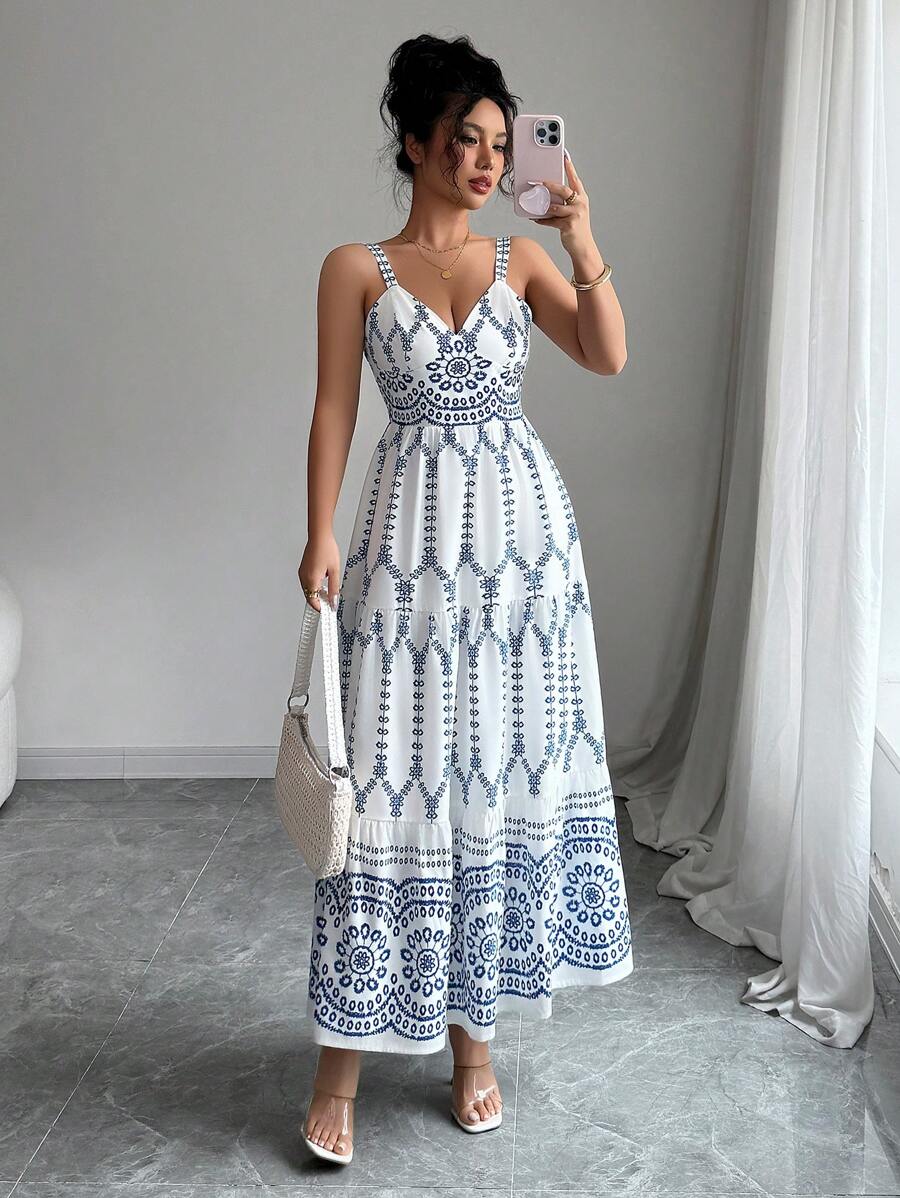 Elenzga 夏季女士细肩带收腰 A 字型优雅佩斯利印花连衣裙