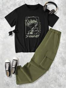 SHEIN 2pcs/Set Teen Boy Black T-Shirt And White Casual Pants Outfit Summer Holiday - Army Green - View 1