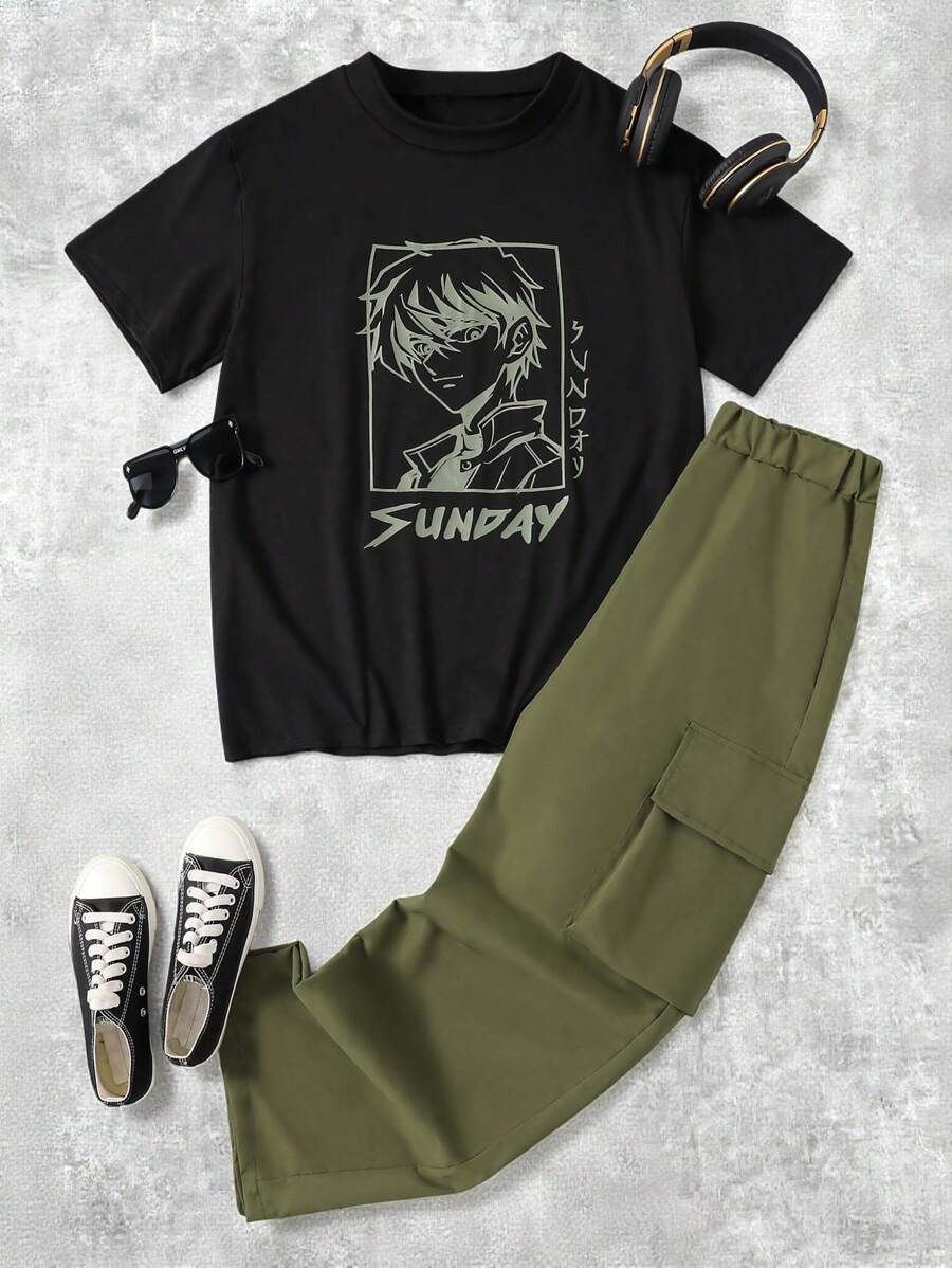 SHEIN 2pcs/Set Teen Boy Black T-Shirt And White Casual Pants Outfit Summer Holiday - Army Green - View 1