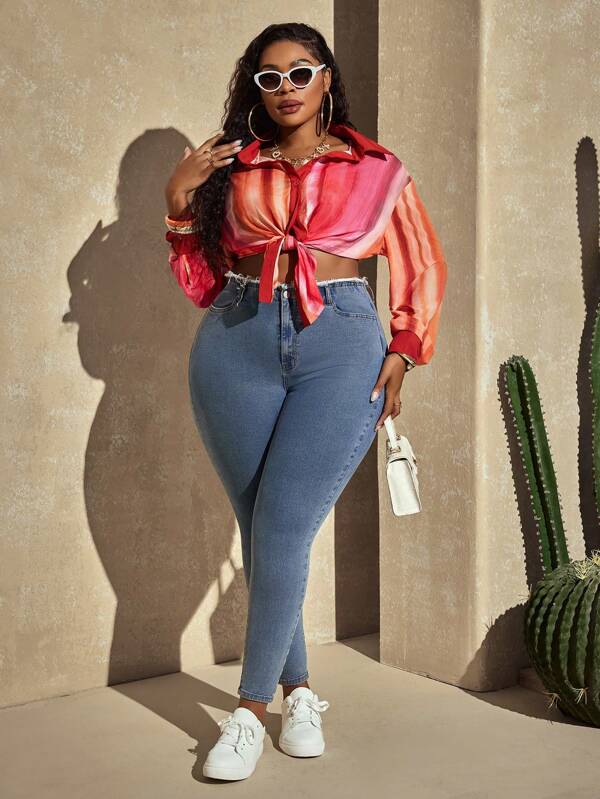 SHEIN SXY Blugi slim fit spălați și uzați, mărime plus