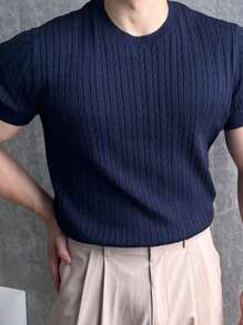 DAZY Jersey de punto de cuello redondo con textura de tela lisa en azul marino para hombre, verano