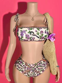 Slaydiva 2 件套 2025 春夏新款邮轮旅行海滩度假阳光花朵印花系带肩比基尼上衣 + 高腰泳衣 - A - 彩色 - 查看 1