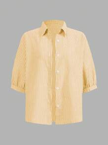 SHEIN LUNE Bộ 3 áo sơ mi hở trước màu xanh và trắng cho nữ, quần dài kẻ sọc và áo hai dây màu trắng, mùa xuân và mùa hè - Màu vàng - Xem 10