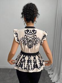 Chiquease Blusa con escote en V elegante y volante en el bajo, casual y de moda, apropiada para uso diario en verano - Multicolor - Ver 2