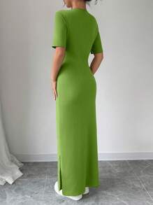 Selianne Vestido largo de mujer con cuello en V, bajo dividido y manga corta en unicolor - Conjunto de mujer