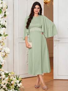 SHEIN Maternity Elegant Formal Long Trumpet Sleeve Round Neck Tight Fit Pregnancy Dress - Green - View 3
