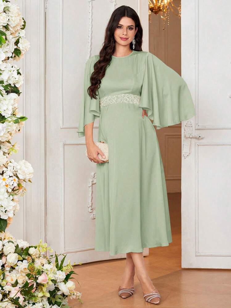 SHEIN Maternity Elegant Formal Long Trumpet Sleeve Round Neck Tight Fit Pregnancy Dress - Green - View 3