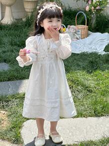 DAZY Baby Girls' Round Neck Embroidery Casual Cute Solid Color Puff Sleeve Dress Fall,Winter Toddler Girls Clothes - White - View 10