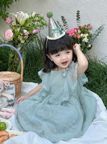 DAZY Toddler Girls' Round Neck Tulle Party Dress, Cute Texture Lace Patchwork Formal Outfit