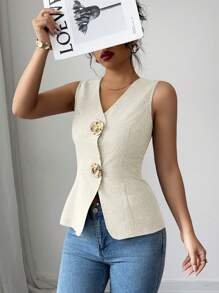 Gloray Chaleco de mujer con cuello en V, ajustado, decorado con botones dorados en forma de rosa