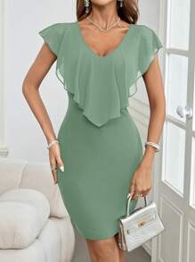 SHEIN Clasi Women's Ruffle Patchwork Fitted Dress With Back Strap, Light Green,Mint Green Dress