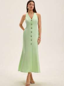 Femmeiva Sleeveless Single-Breasted Dress With Fishtail Hem For Women Elegant FashionableOld Money Style  For Summer Spring Fall Autumn - Green - View 5