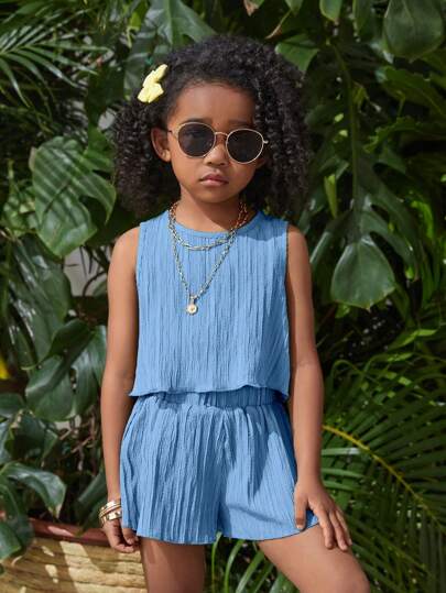 SHEIN 2 Pieces Young Girl Woven Solid Color Crew Neck Sleeveless Top And Loose Solid Color Shorts Set