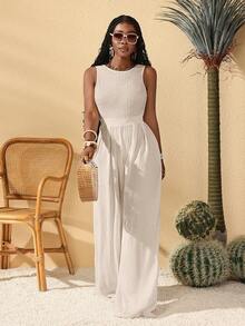 Slaydiva 春夏休闲度假新款秀安简约圆领无袖前片英文Logo印花阔腿超长裤波浪纹千叶图案针织白色女连体裤-A - 杏色 - 查看 3