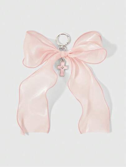 Kawaii 1pc Cute Schoolgirl Pink Bow Organza Bow Mother-Of-Pearl Cross Keychain Bag Charm