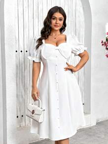 SHEIN Privé 白色简约优雅结饰泡泡袖中长连衣裙，适合婚礼、约会、海滩度假、伴娘，适合大码女性 - 白色 - 查看 7