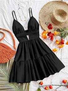 Soleia 大码女式休闲度假 V 领镂空露背高低下摆迷你连衣裙，适合夏季和度假