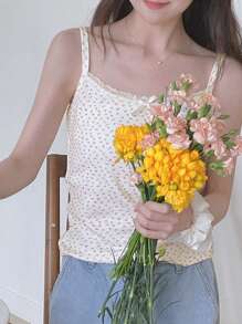 DAZY Top de tirantes de encaje y malla con estampado floral diminuto para mujer