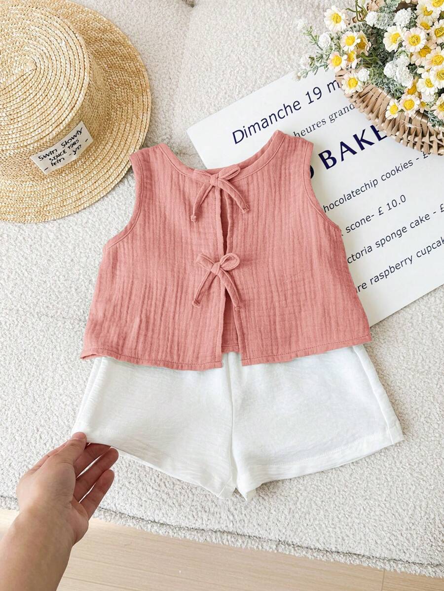 SHEIN LMoss Kids 可爱休闲粉色蝴蝶结吊带背心，夏季百搭，Babygirl - 粉色 - 查看 1