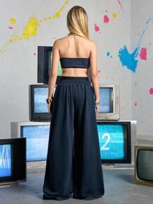 Nick 90's X ROMWE 女士卡通图案短款上衣和阔腿裤套装 - 藏蓝色 - 查看 6