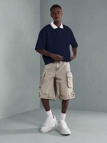 SUMWON 奥斯曼针织宽松 Polo 衫短袖运动服优质领口上衣夏季休闲现代超大中性街头服饰欧洲都市当代 - 藏蓝色 - 查看 3