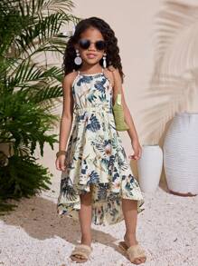 年轻女孩花卉图案露背优雅直筒简约连衣裙 - 杏色 - 查看 5