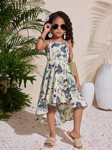 年轻女孩花卉图案露背优雅直筒简约连衣裙 - 杏色 - 查看 6