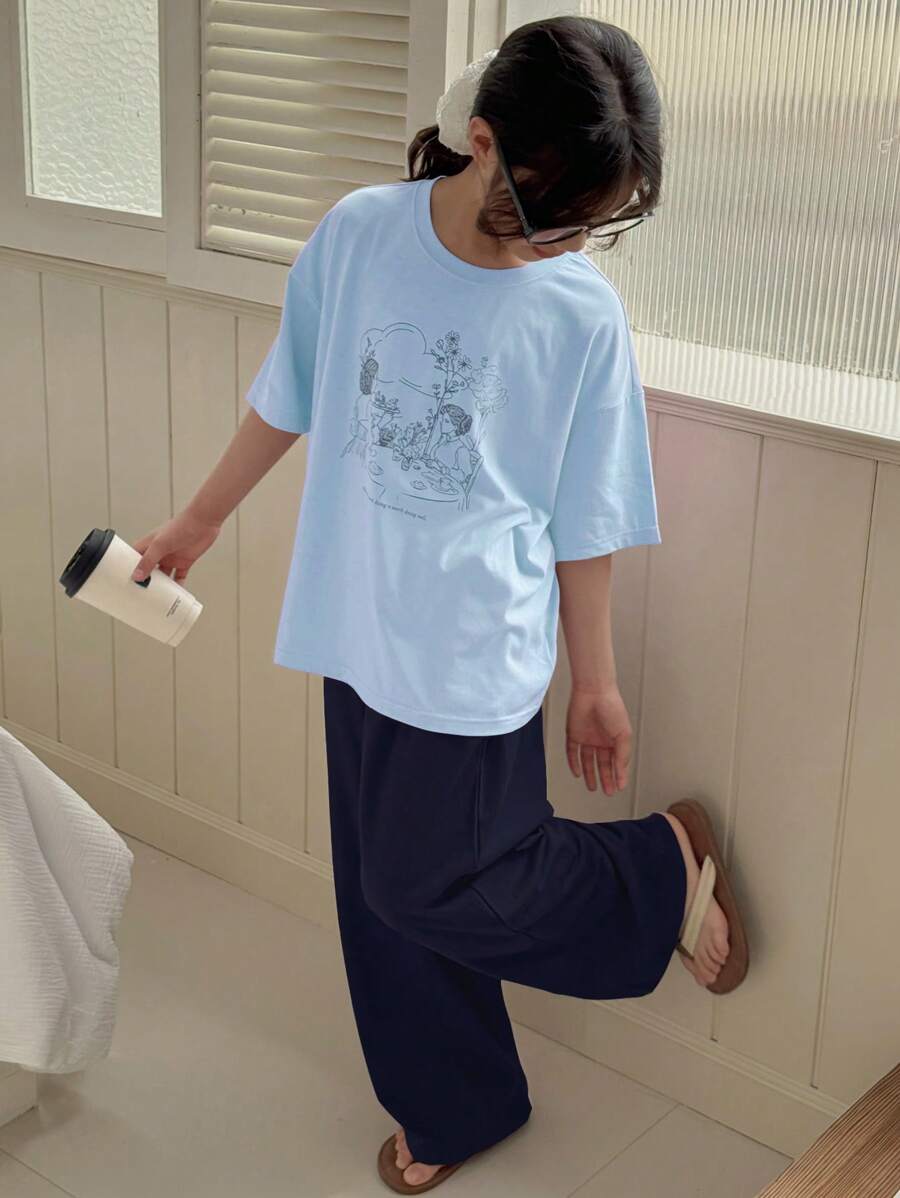 DAZY 青少年女孩秋季服装，青少年女孩圆领针织印花短袖 T 恤 + 长裤睡衣套装，春夏季，返校服装