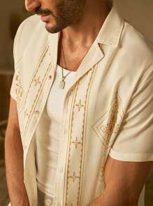 Manfinity VCAY Áo sơ mi dệt tay ngắn in họa tiết hình thoi dáng ôm vừa vặn cho nam - Màu vàng - Xem 5