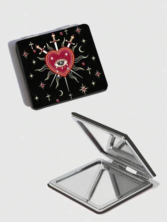 Kawaii 1 pieza Espejo compacto cuadrado con diseño de cruz de corazón gótico, práctico de sostener para el maquillaje, diseño de patrones aleatorios