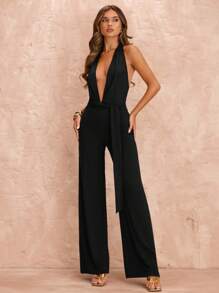 SHEIN BAE 夏季海滩度假紧身性感深 V 结假日连体裤，适合日常约会、夜间外出、夜总会、派对、聚会、鸡尾酒会、泳池派对、返校季服装、学校季节、假日服装、音乐节服装、乡村音乐节服装、音乐会服装