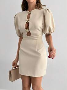 EURMUSE Robe courte en or massif avec accessoires détaillés pour femme - Beige - Voir 5