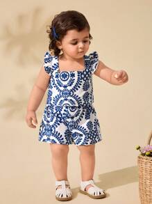 Travachic KIDS 2件套女婴母女装，碎花方领荷叶边休闲上衣和短裤套装，适合度假、外出、旅行 - 藍色 - 查看 6