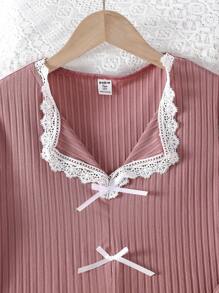 少女简约纯色浅红色蕾丝边舒适睡衣套装，含短袖上衣和裤子，休闲家居服 - 紅色 - 查看 4