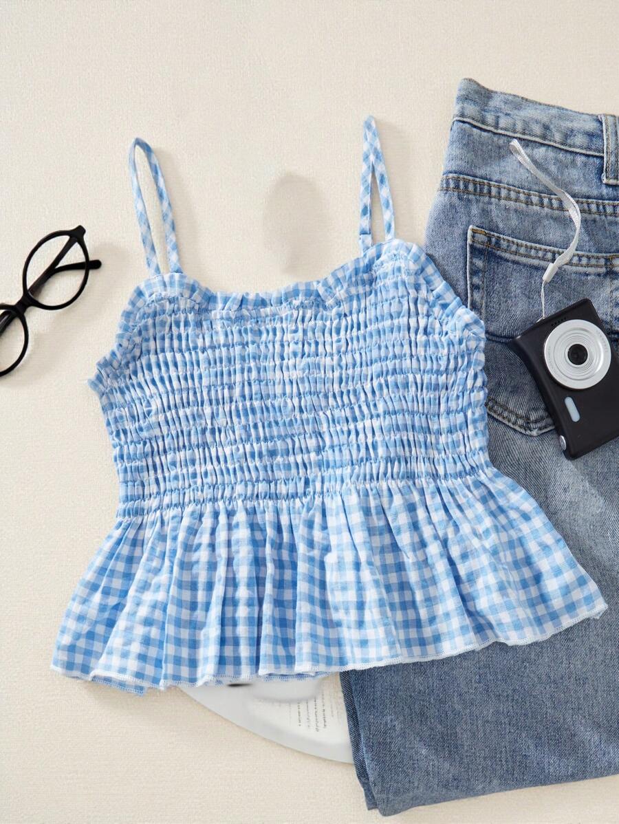 SHEIN Tween Girls Plaid Strap Fashionable Summer Tank Top Summer Outfits For Girls - Blue - View 1