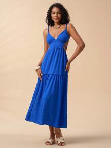 Travachic Women's Solid Color Spaghetti Strap Hollow Out Casual Dress - Royal Blue - View 5